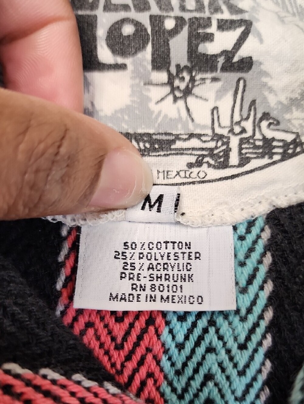 Senor Lopez Baja Hoodie Mexican Blanket Striped Pullover Size Medium - Picture 9 of 10